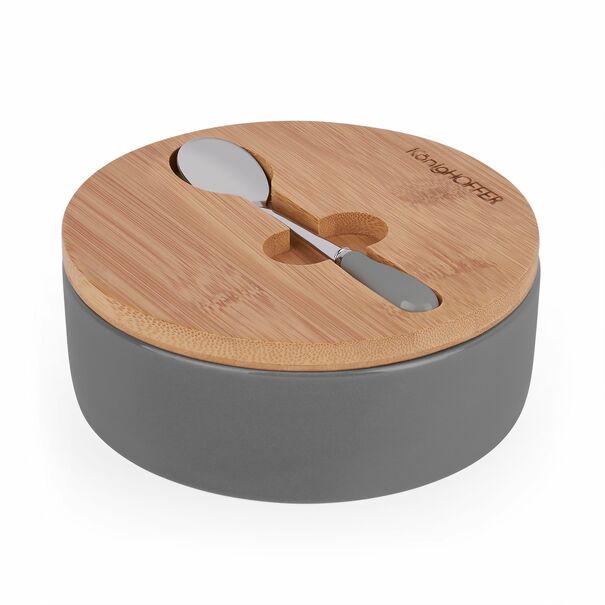 Cukiernica porcelanowa z pokrywką i łyżeczką Konighoffer 14,5 x 5 cm szara