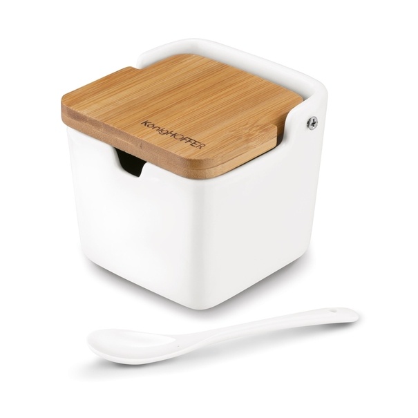 Cukiernica z łyżeczką i bambusową pokrywką porcelanowa NBC Konighoffer Ceramic 270 ml biała