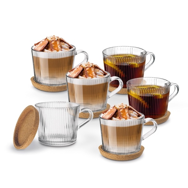 Kubki szklane Tadar Sue 400 ml 6 sztuk i 6 podkładek korkowych