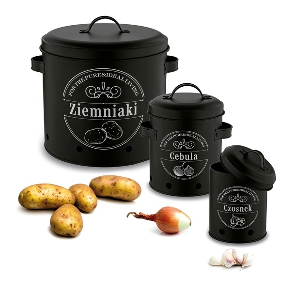 Zestaw 3 metalowych pojemnik&oacute;w kuchennych Tadar Ziemniaki Cebula Czosnek