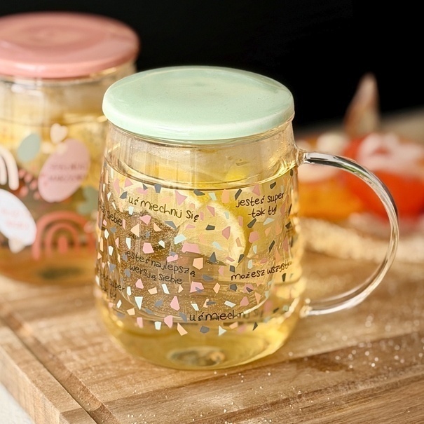 Kubek szklany z zaparzaczem i ceramiczną pokrywką Tadar Uśmiechnij się 500 ml
