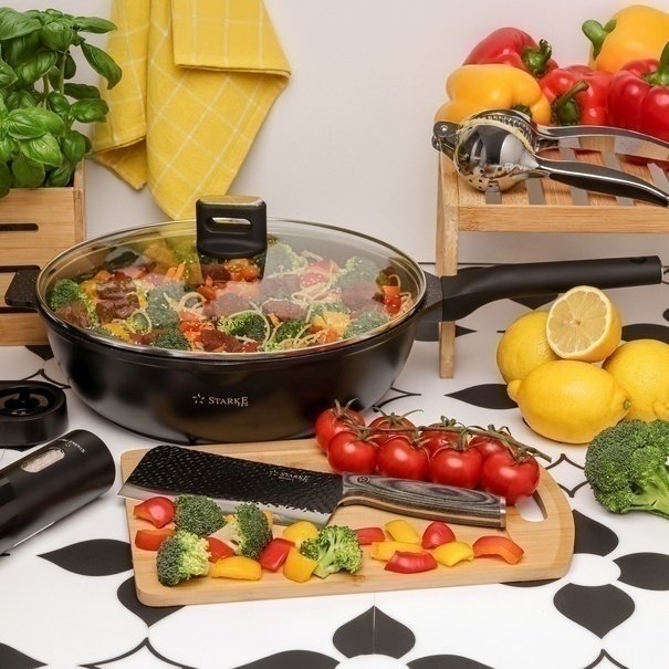Patelnia WOK na indukcję z pokrywką Starke Pro Yasai 32 cm