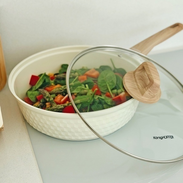 Patelnia z powłoką ceramiczną na indukcję Konighoffer Rosti z pokrywką 28 cm kremowa