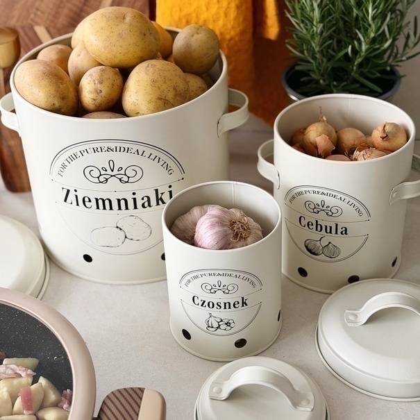 Zestaw 3 metalowych pojemnik&oacute;w kuchennych Tadar Ziemniaki Cebula Czosnek kremowy
