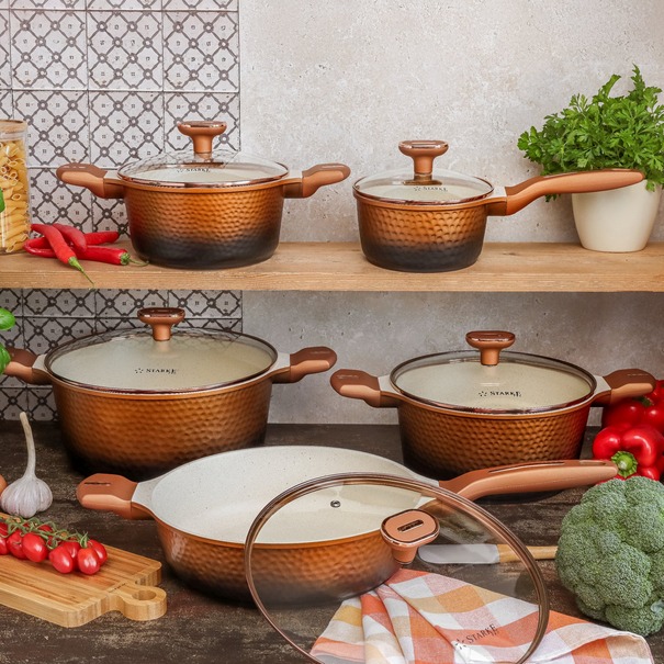 Zestaw garnk&oacute;w na indukcję Starke Pro Texture Copper 10 element&oacute;w i 3 noże Toshiro