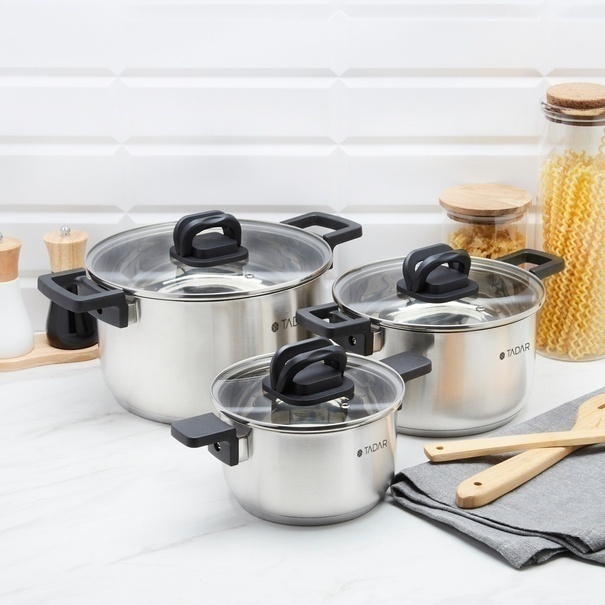Zestaw garnk&oacute;w nierdzewnych ze składanymi uchwytami pokryw Tadar Nanocook 6 element&oacute;w