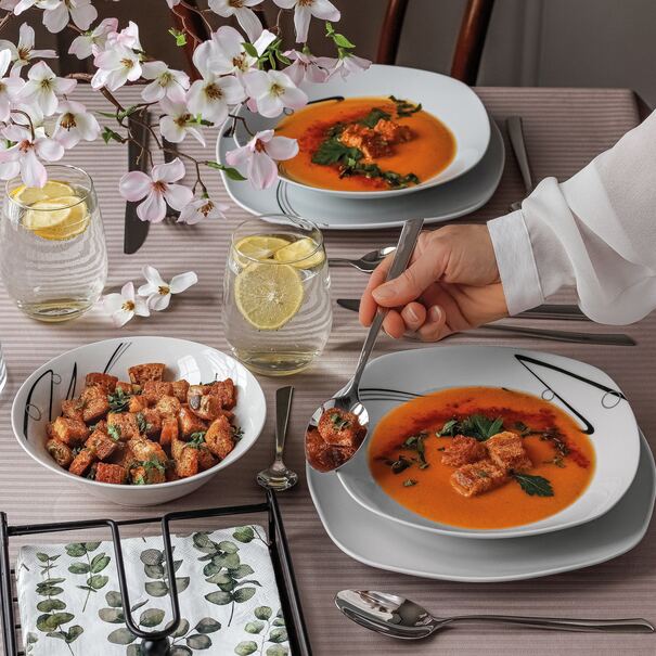 Zestaw kwadratowych talerzy porcelanowych Tadar Wstęga 18 element&oacute;w