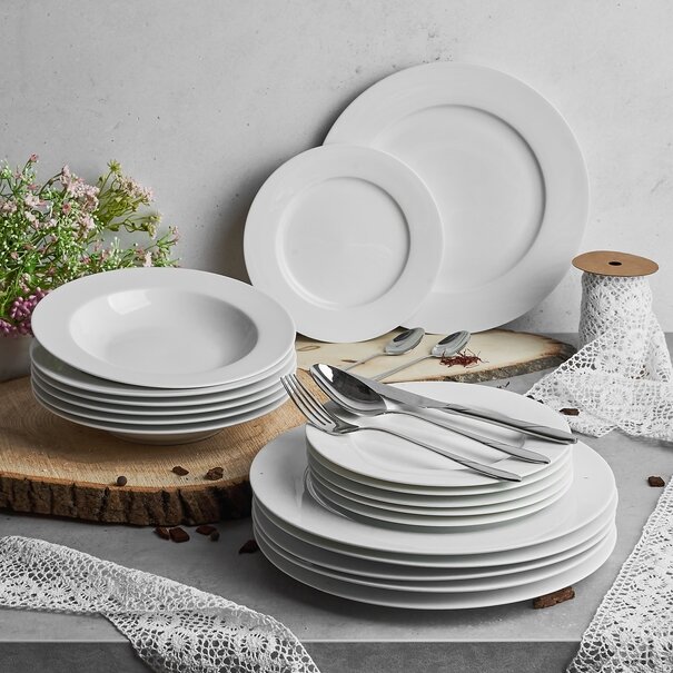 Zestaw okrągłych talerzy porcelanowych Tadar Evelyn Super White 18 element&oacute;w