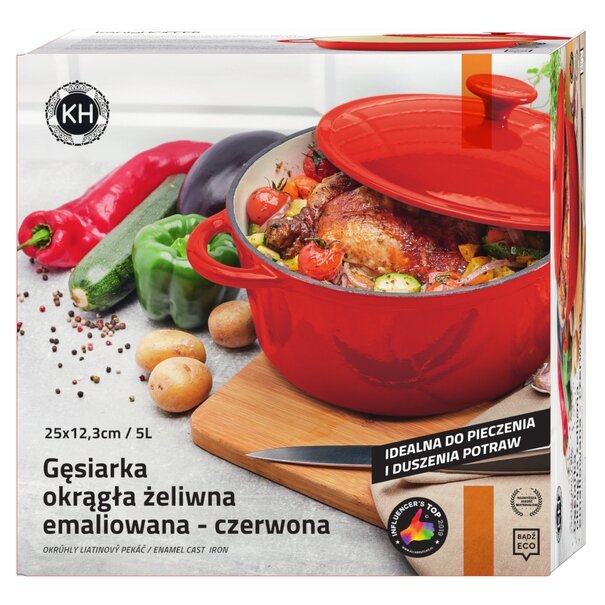 Gęsiarka żeliwna emaliowana Konighoffer 5 l 25 x 12,3 cm okrągła czerwona
