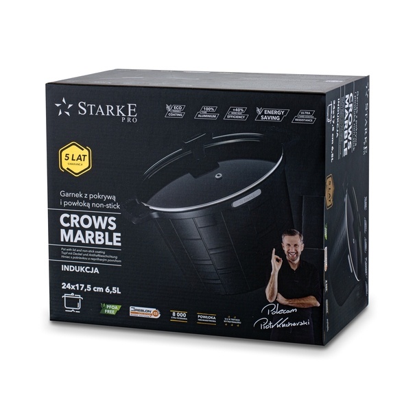 Garnek wysoki na indukcję z powłoką marmurową i pokrywką Starke Pro Crows Marble 6,5 l