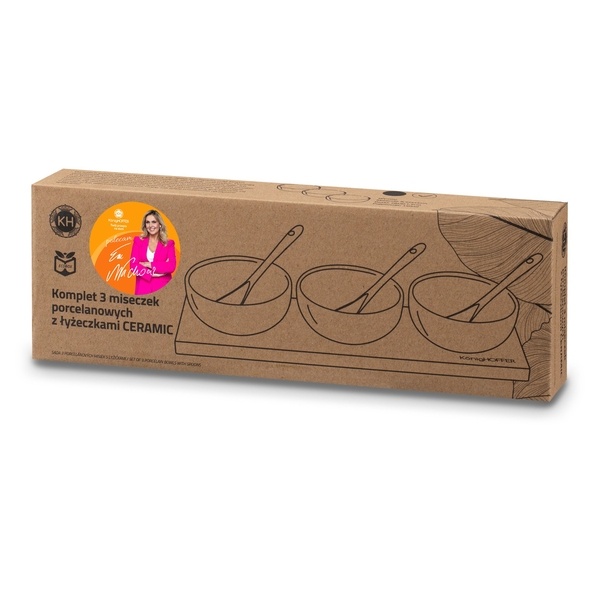 Miseczki do dip&oacute;w NBC na desce bambusowej z łyżeczkami Konighoffer 3 x 150 ml biały połysk