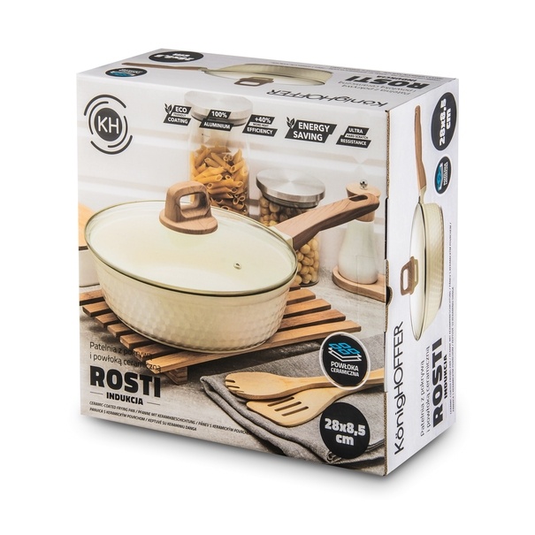 Patelnia z powłoką ceramiczną na indukcję Konighoffer Rosti z pokrywką 28 cm kremowa
