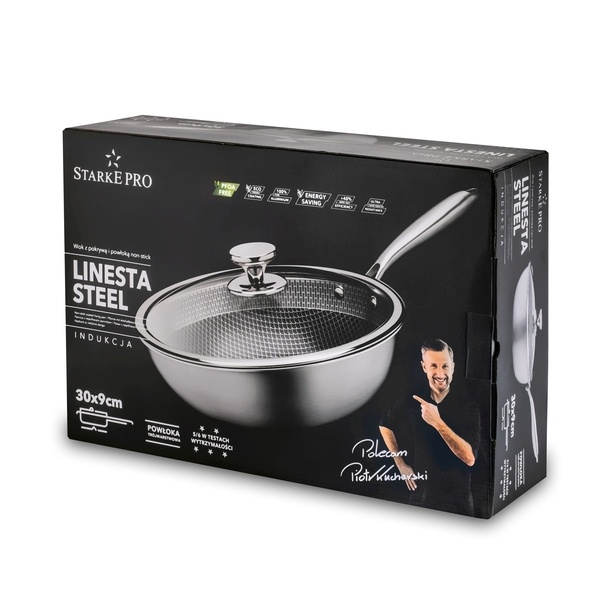 Wok nierdzewny Starke Pro Linesta Steel 30 x 9 cm z pokrywką