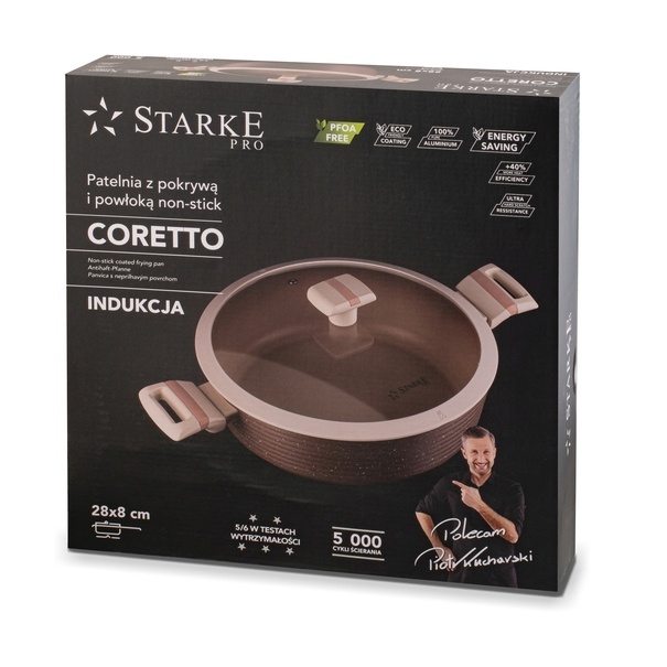Patelnia indukcyjna kr&oacute;tkie uchwyty z pokrywką Starke Pro Coretto 28 cm