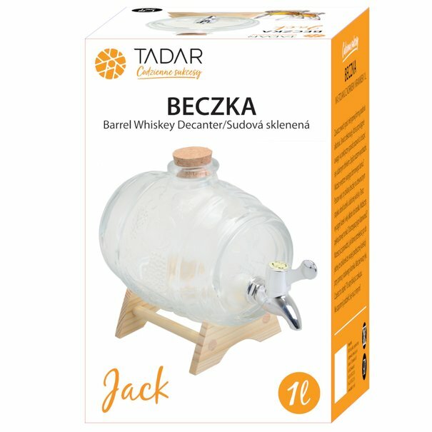 Beczka szklana na stojaku Tadar Jack z korkiem i kranikiem 1 l