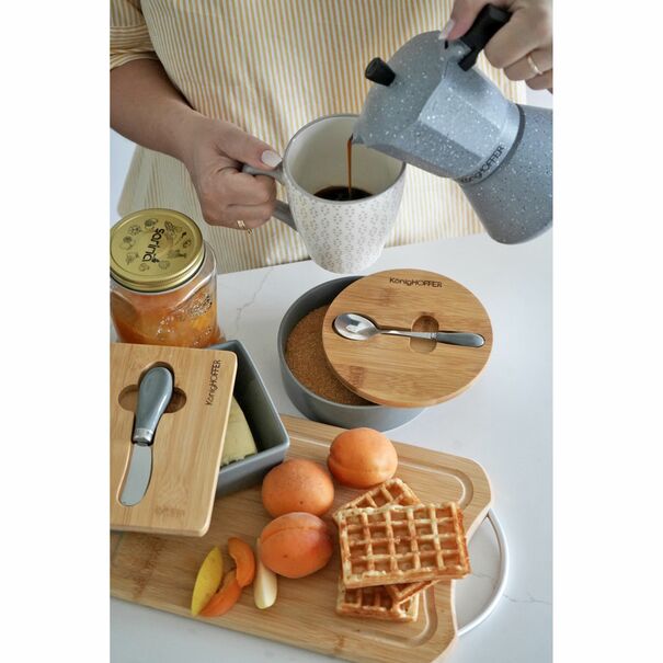Cukiernica porcelanowa z pokrywką i łyżeczką Konighoffer 14,5 x 5 cm szara