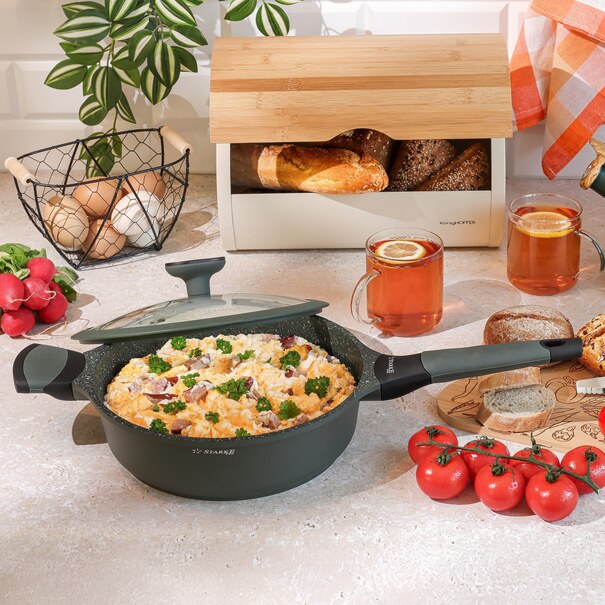 Patelnia na indukcję marmurowa z pokrywką Starke Pro Viridi 24 cm głęboka