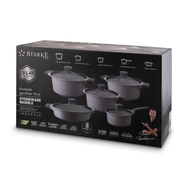 Zestaw garnk&oacute;w na indukcję Starke Pro Stoneware Marble 10 element&oacute;w