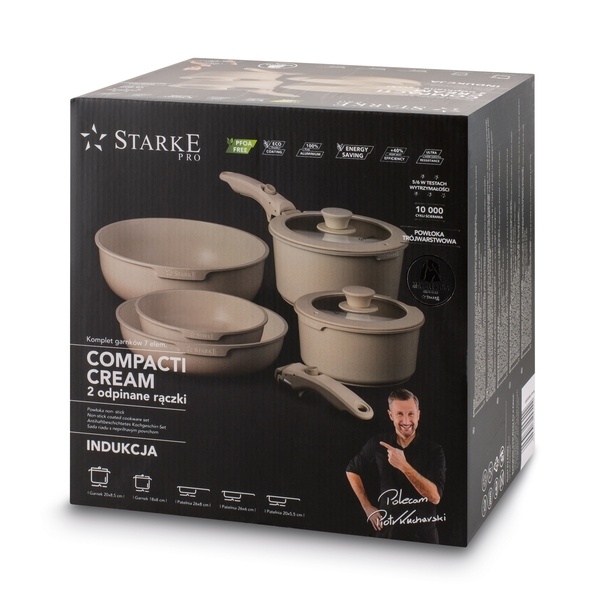 Zestaw garnk&oacute;w Starke Pro Compacti Cream 9 element&oacute;w odpinany uchwyt