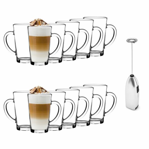 Szklanki do kawy Tadar Latte Macchiato 320 ml 12 sztuk i spieniacz do mleka