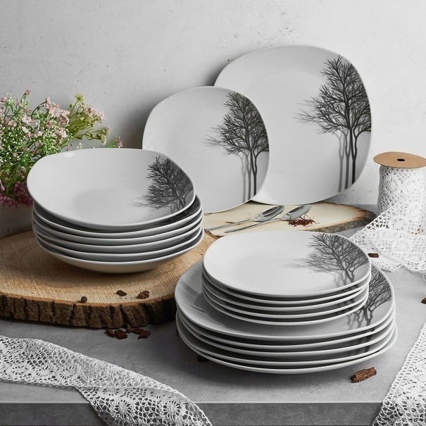 Zestaw kwadratowych talerzy porcelanowych Tadar Zima 18 element&oacute;w