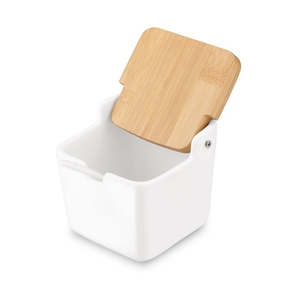 Cukiernica z łyżeczką i bambusową pokrywką porcelanowa NBC Konighoffer Ceramic 270 ml biała