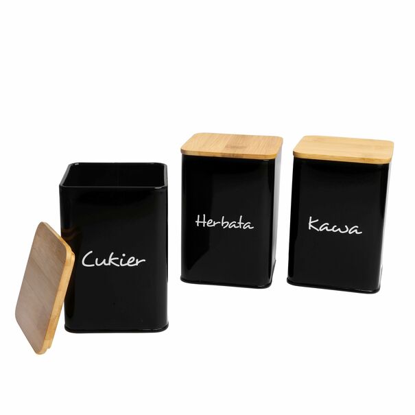 Komplet 3 pojemnik&oacute;w Tadar Maestra Kawa Herbata Cukier 9,5 x 13,5 cm czarne