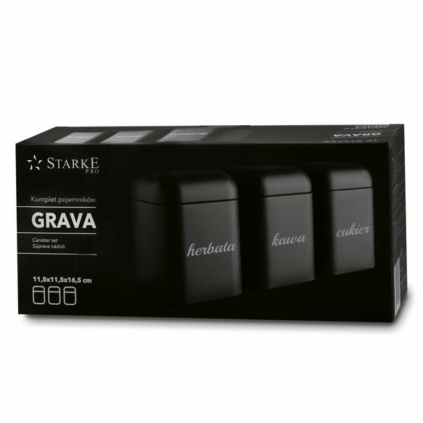 Komplet 3 pojemnik&oacute;w Starke Pro Grava Kawa Herbata Cukier czarny