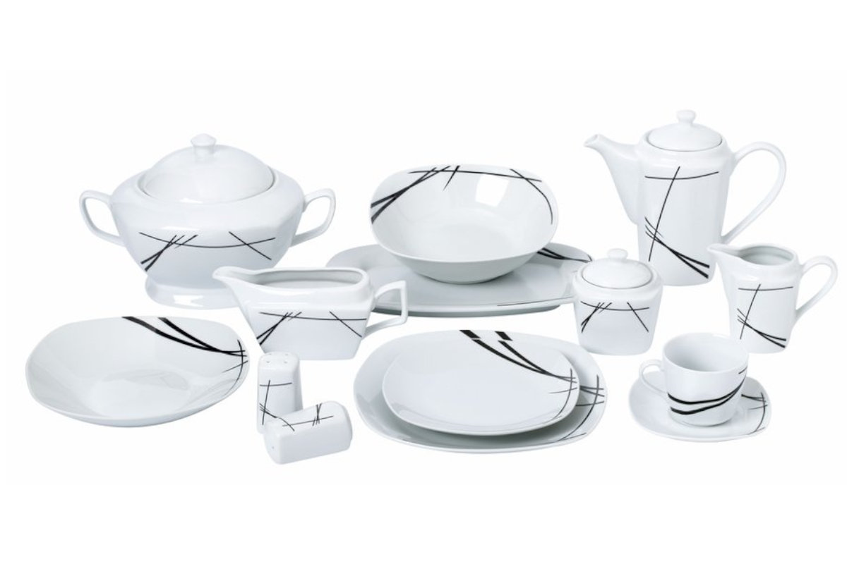 Zestaw obiadowo kawowy kwadratowy Tadar Simple Black 73 elementy porcelana