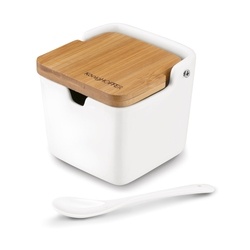 Cukiernica z łyżeczką i bambusową pokrywką porcelanowa NBC Konighoffer Ceramic 270 ml biała