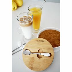 Cukiernica porcelanowa z bambusową pokrywką i łyżeczką Konighoffer 14,5 x 5 cm biała
