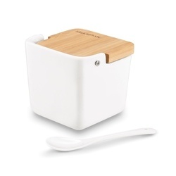 Cukiernica z łyżeczką i bambusową pokrywką porcelanowa NBC Konighoffer Ceramic 270 ml biała
